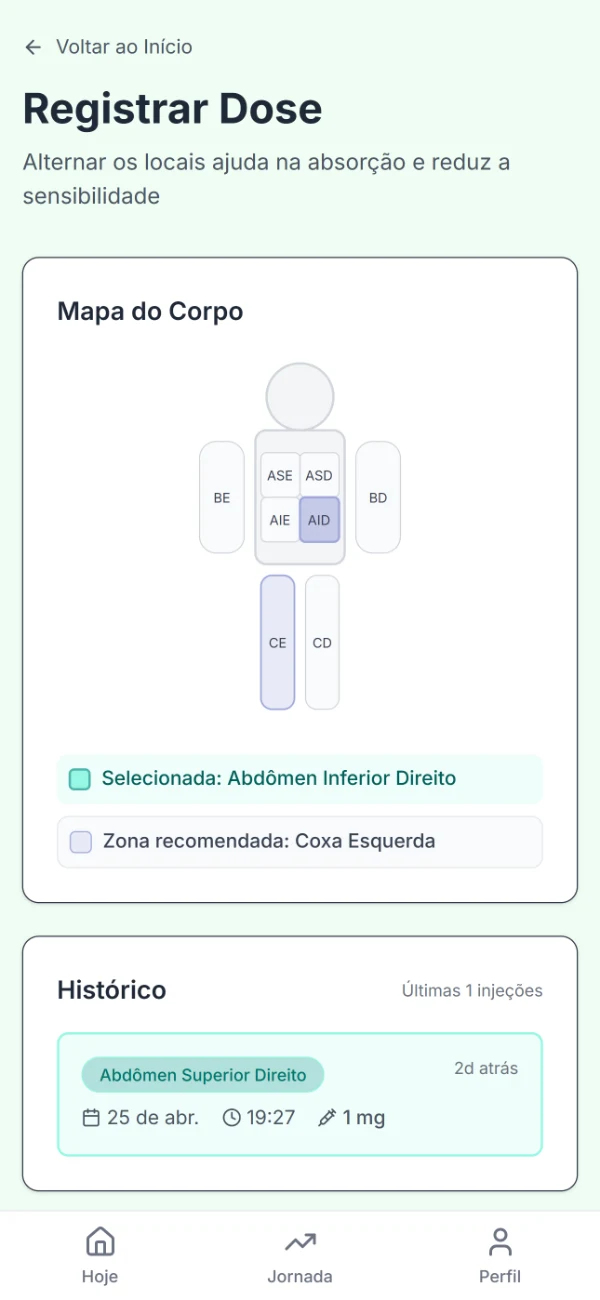Tela de registro de dose com mapa do corpo