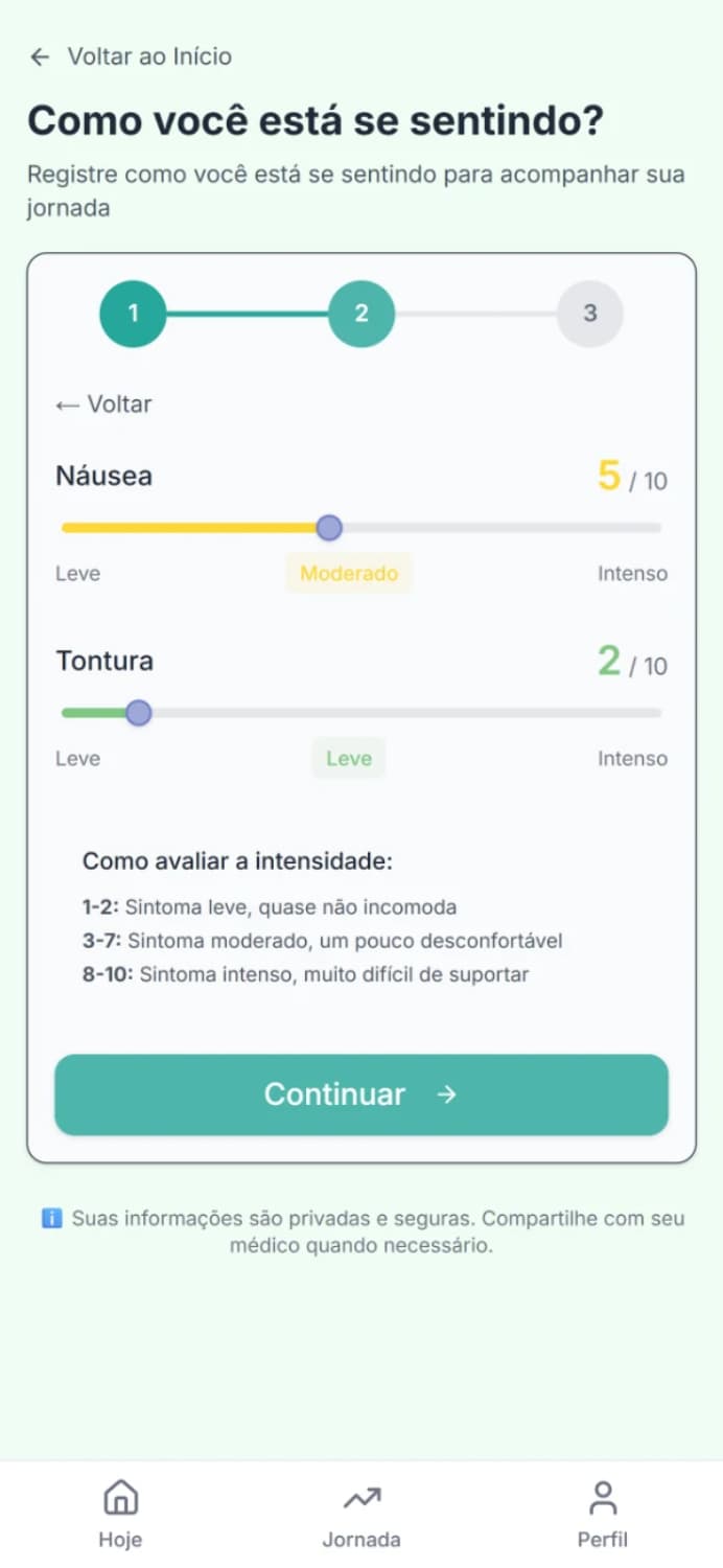 Tela de registro de sintomas com escala de intensidade