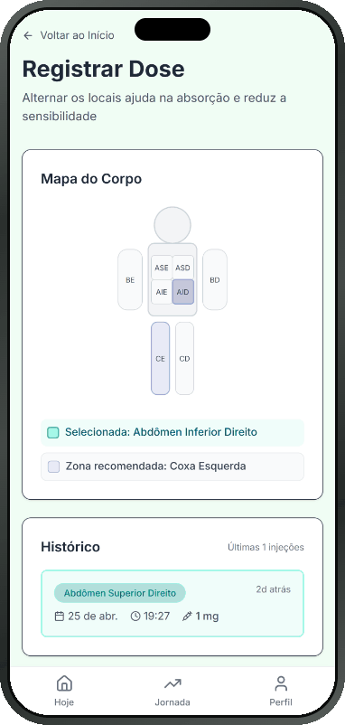 Registrar dose no DoseCerta: mapa do corpo e histórico de aplicações